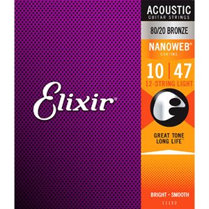 ELIXIR NANOWEB 11152 80/20 BRONZE 12 CORDES ACOUSTIC GUITAR STRINGS, 10-47