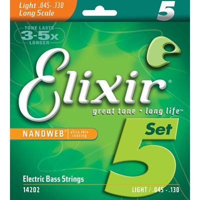 ELIXIR NANOWEB 14202 5-STRING LIGHT, LONG SCALE ELECTRIC BASS NICKEL PLATED STEEL - 45-130