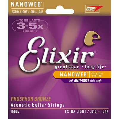ELIXIR NANOWEB 16002 EXTRA LIGHT ACOUSTIC PHOSPHOR BRONZE - 10-47 ELIXIR NANOWEB 16002 EXTRA LIGHT ACOUSTIC PHOSPHOR BRONZE - 10-47