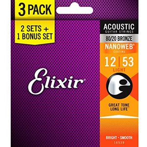 ELIXIR NANOWEB 16539 LIGHT ACOUSTIC 80/20 BRONZE - 12-53 (GET 3 PACKS OF 11052 FOR THE PRICE OF 2)