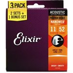 ELIXIR NANOWEB 16544 PHOSPHOR BRONZE CUSTOM LIGHT - 11-52, (GET 3 PACKS OF 16027 FOR THE PRICE OF 2)