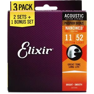 ELIXIR NANOWEB 16544 PHOSPHOR BRONZE CUSTOM LIGHT - 11-52, (GET 3 PACKS OF 16027 FOR THE PRICE OF 2)