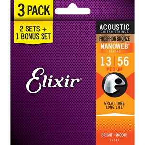 ELIXIR NANOWEB 16546 MEDIUM ACOUSTIC PHOSPHOR BRONZE - 13-56 (GET 3 PACKS OF 16102 FOR THE PRICE OF 2)