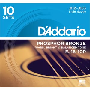 D'ADDARIO EJ16-10P PHOSPHOR BRONZE ACOUSTIC GUITAR STRINGS, LIGHT, 12-53 - 10 PACKS