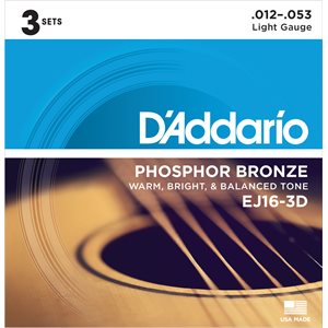 D'ADDARIO EJ16-3D PHOSPHOR BRONZE ACOUSTIC GUITAR STRINGS, LIGHT, 12-53 – 3 PACKS
