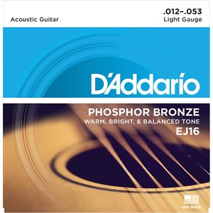 D'ADDARIO EJ16 PHOSPHOR BRONZE ACOUSTIC GUITAR STRINGS, LIGHT, 12-53