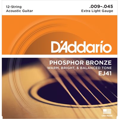 D'ADDARIO EJ4EJ41 PHOSPHOR BRONZE 12 STRING ACOUSTIC GUITAR STRINGS, EXTRA LIGHT, 9-451 D'ADDARIO EJ4EJ41 PHOSPHOR BRONZE 12 STRING ACOUSTIC GUITAR STRINGS, EXTRA LIGHT, 9-451