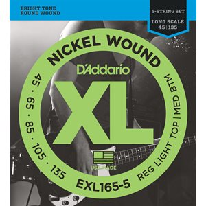 D'ADDARIO EXL165-5 NICKEL WOUND 5 STRING BASS, CUSTOM LIGHT, 45-135, LONG SCALE