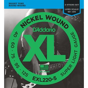D'ADDARIO EXL220-5 NICKEL WOUND 5 STRING BASS, SUPER LIGHT, 40-125, LONG SCALE