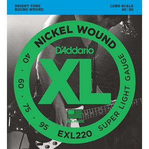 D'ADDARIO EXL220 NICKEL WOUND BASS, SUPER LIGHT, 40-95, LONG SCALE